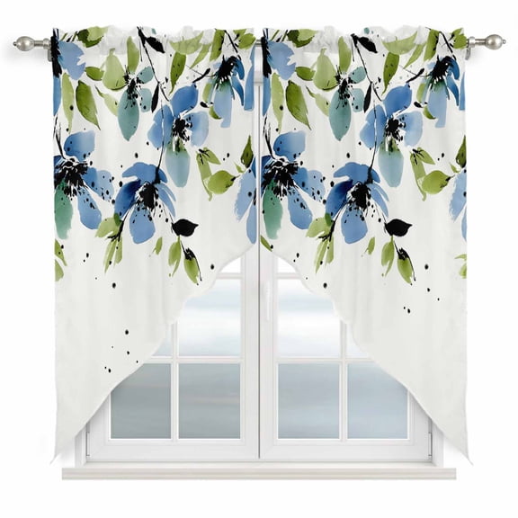 Blue Green Spring Floral Swag Valances for Windows 2 Pack, Kitchen Window Curtains 36 Inch Length, Weeping Botanical Summer Privacy Swag Curtains for Living Room/Bathroom with Rod Pocket 36"x36"
