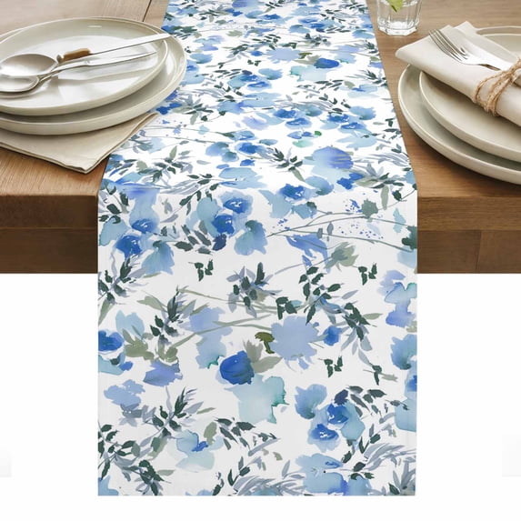 Blue Green Spring Floral Table Runner - 108 Inch Long, Kitchen Dining Table Runner Dresser Scarves, Watercolor Blooming Botanical Summer Farmhouse Decor for Coffee Tables Wedding Party Banquet