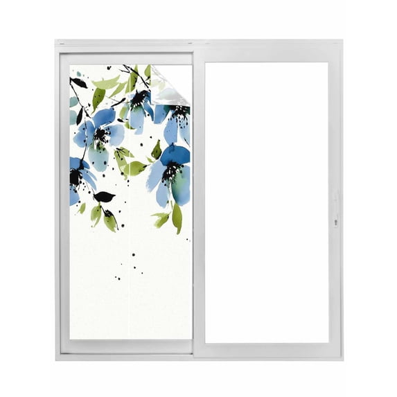 Blue Green Spring Floral Window Privacy Film, Weeping Botanical Summer Static Cling UV Sun Blocking Tint Film Heat Control Windows Films for Bedroom Bathroom, Window Stickers 23.6"x59"