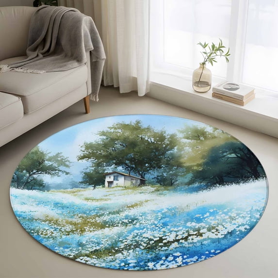 Blue Green Spring Round Rug 3ft Washable Circle Entryway Rugs Non Slip Watercolor Flower Trees Nature Landscape Area Rug Indoor Floor Carpet for Bedroom Kitchen Living Room Home Office Dining Room