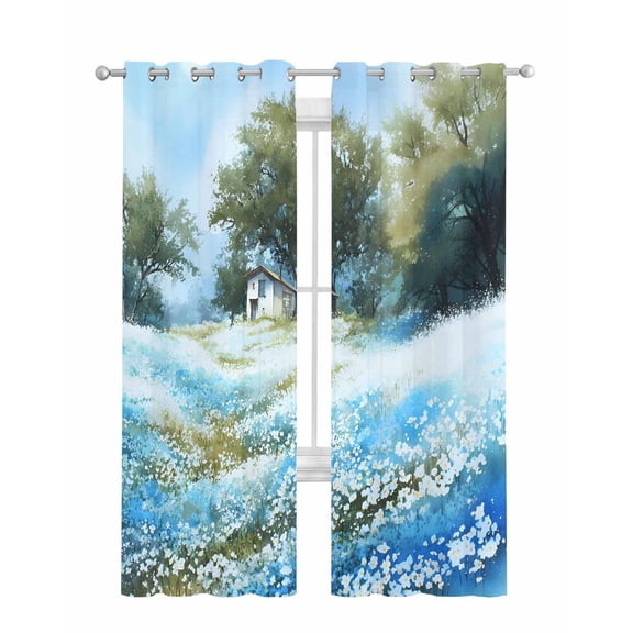 Blue Green Spring Sheer Curtains 84 Inch Length 2 Panels Set for Living Room/Bedroom, Watercolor Flower Trees Nature Landscape Kitchen Curtains Grommet Semi-Sheer Curtains Window Treatments 52"x84"x2