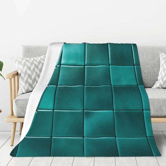 Blue Green Square Ceramic Pattern Lightweight Plush Fuzzy Cozy Soft Blankets 40"X30"