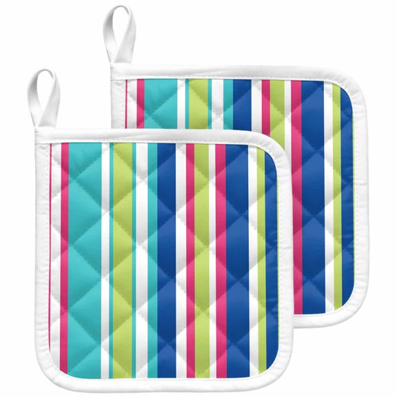 Blue Green Striped Pot Holders for Kitchen Heatproof Potholder, 2 Pack Geometric Abstract Art Aesthetic Hot Pads Multipurpose Oven Pads Cloth Potholders Trivet for Cooking and Baking