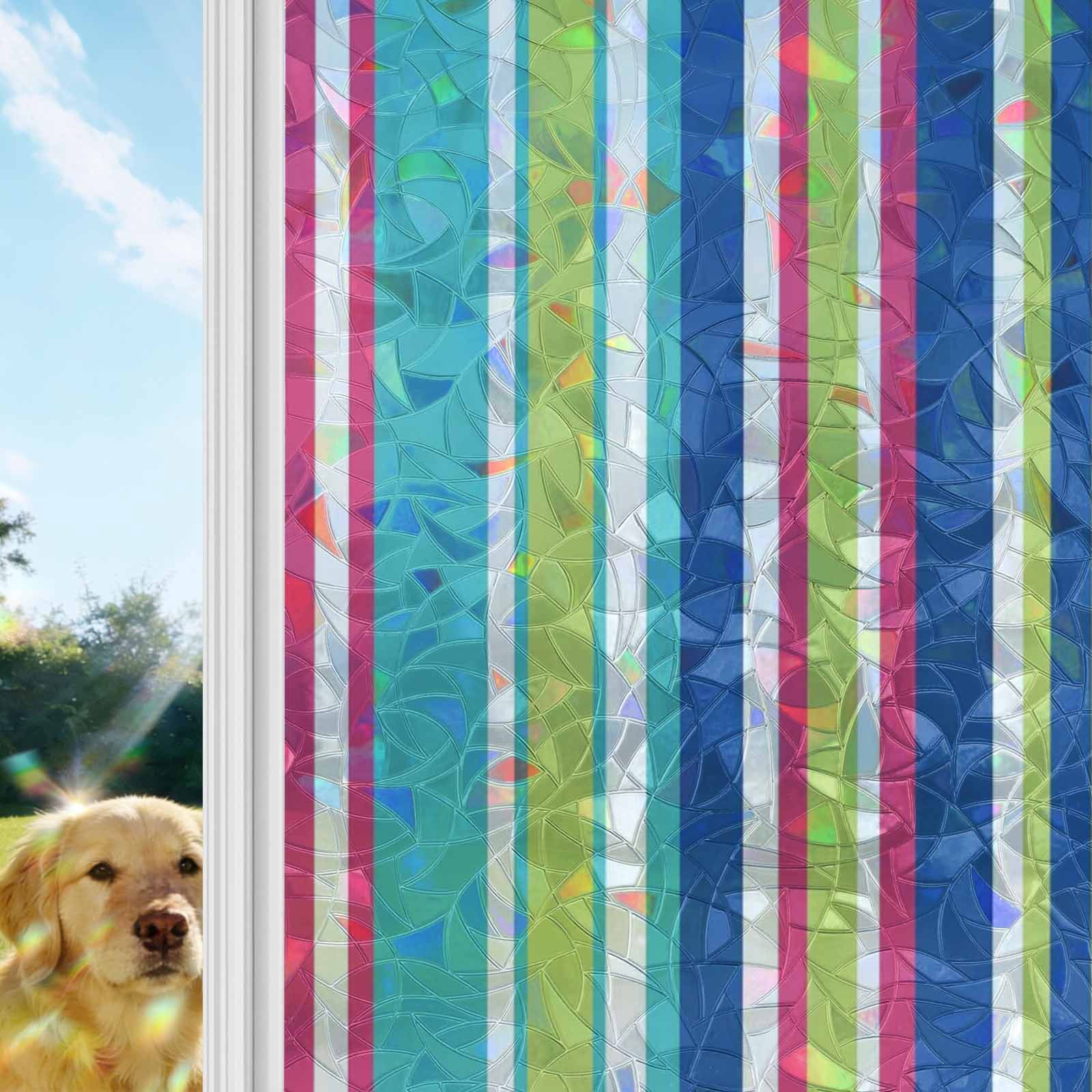 Blue Green Striped Window Privacy Film Stain Glass,Reusable Decorative Rainbow Window Film,Geometric Abstract Art Aesthetic Static Cling Sun Blocking Stickers Decals Covers 35.4" x 78.7" (3pcs)