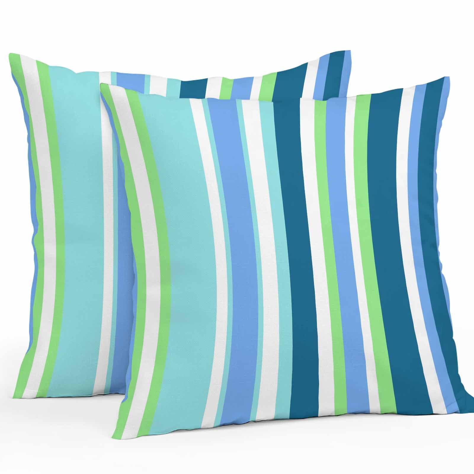 Blue Green Stripes Outdoor Pillow Covers Set of 2 White Striped Colorful Summer Texture Waterproof Throw Pillow Case Decorative Square Cushion Cover for Patio Couch Garden Balcony, 16"x16"