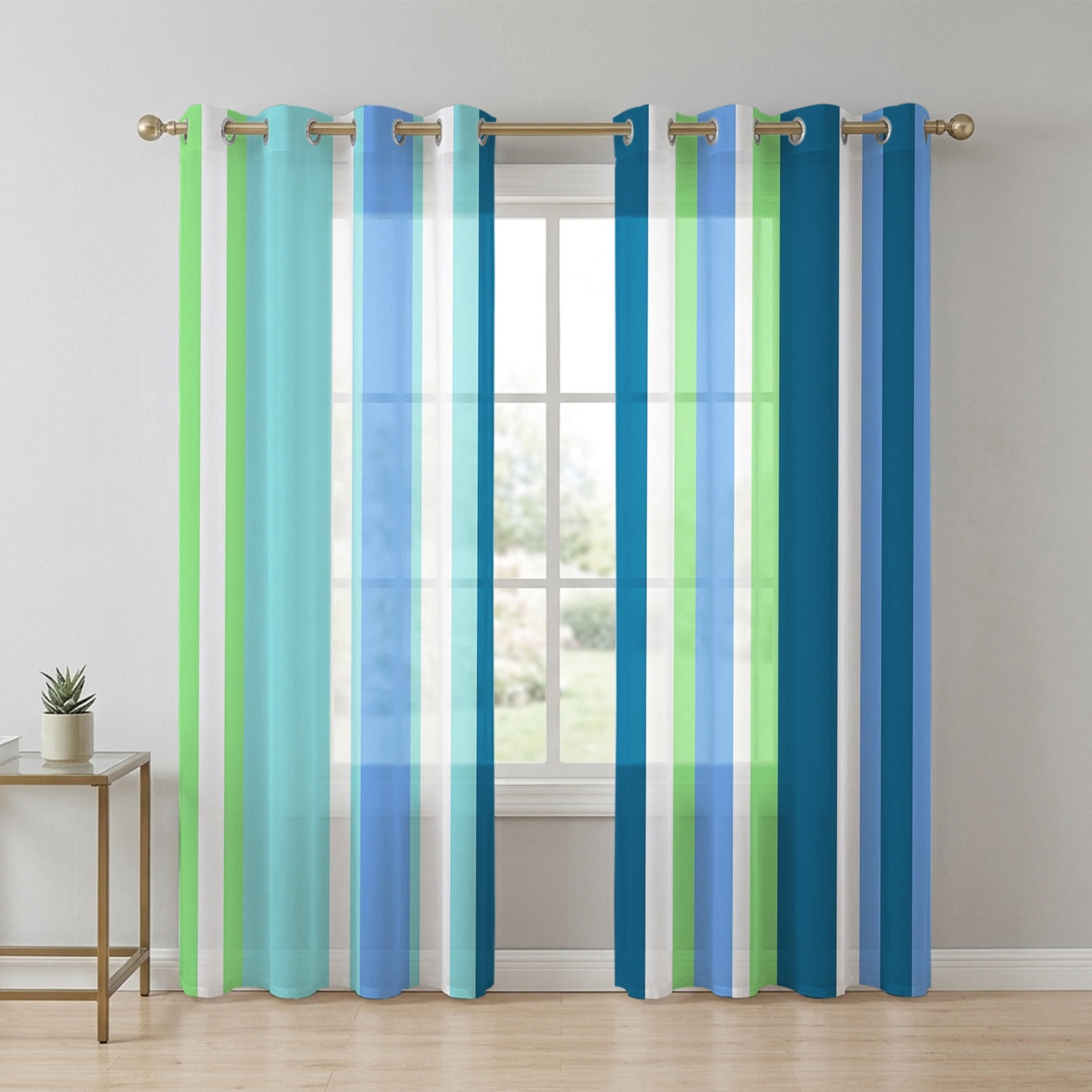 Blue Green Stripes Sheer Curtains 63 Inch Long 2 Panels, White Striped ...