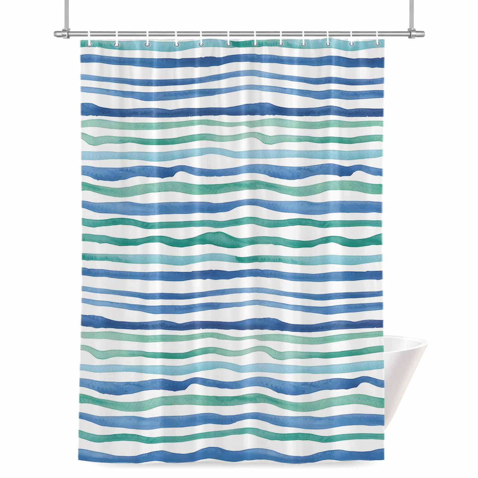 Blue Green Stripes Shower Curtain, Abstract Art Modern Watercolor