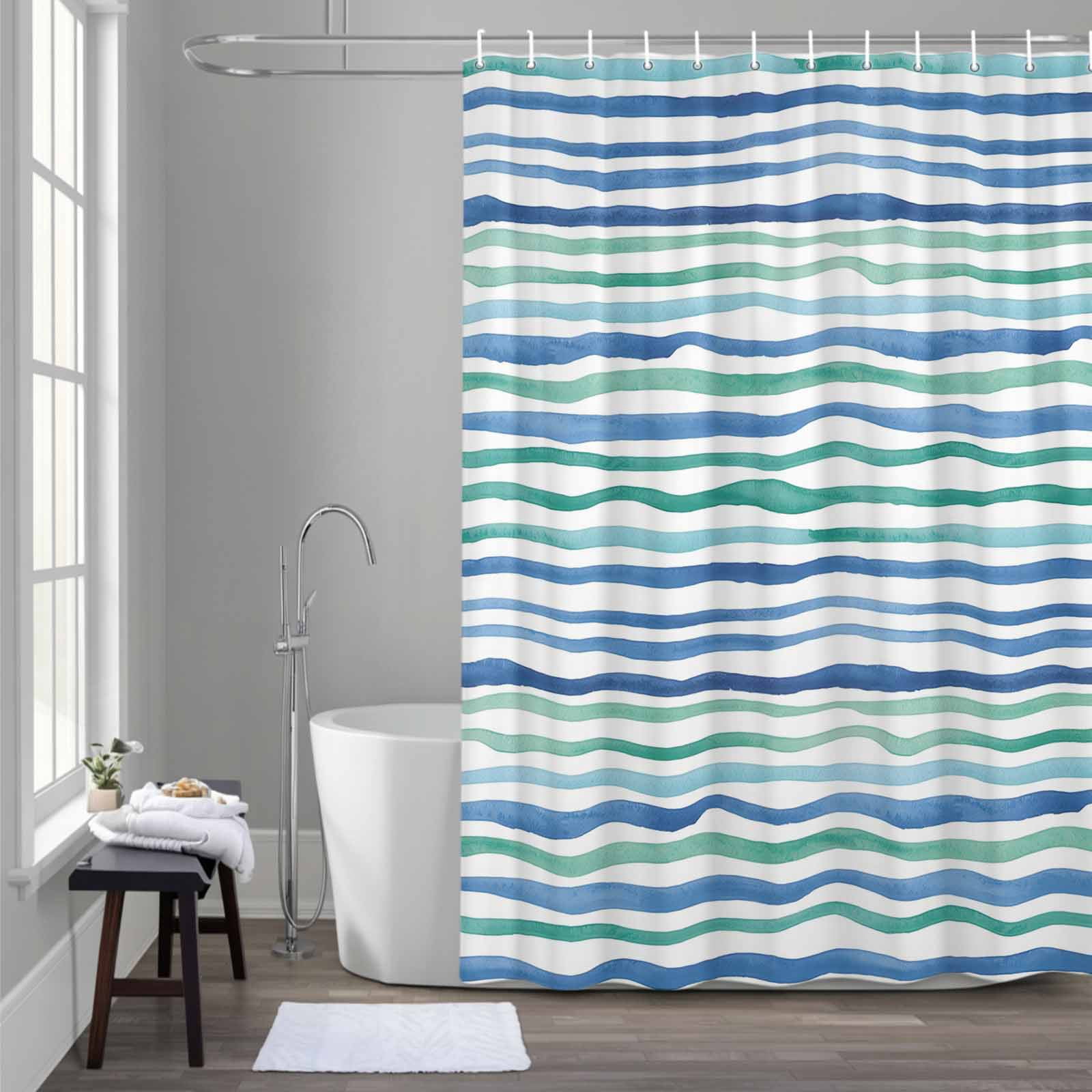 Blue Green Stripes Shower Curtain for Bathroom Decor, Abstract Art