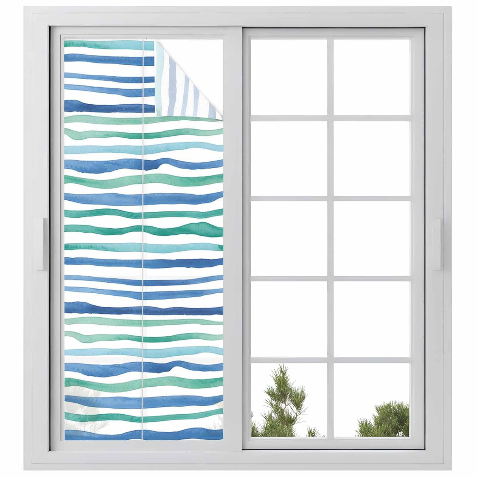 Blue Green Stripes Window Privacy Film, Abstract Art Modern Watercolor Gradient Frosted Glass Window Clings Static Cling UV Heat Blocking Reusable Door Sticker for Bathroom 23.6 x 59 Inch