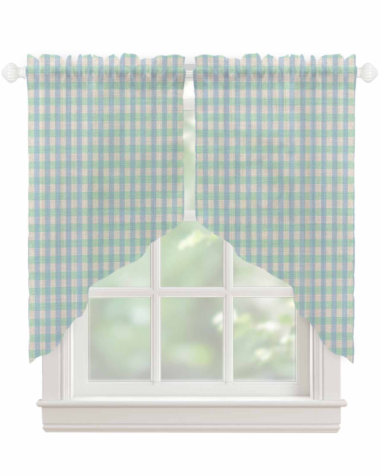 Blue Green Swag Valances for Windows, Grid Checkered Plaid Gingham ...