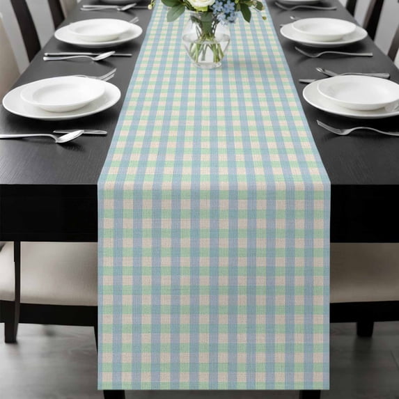 Blue Green Table Runner 36 Inches Long, Grid Checkered Plaid Gingham Lattice Trellis Kitchen Coffee Dining Table Decoration for Home Party Birthday Wedding Home Decor 13x36 Inches
