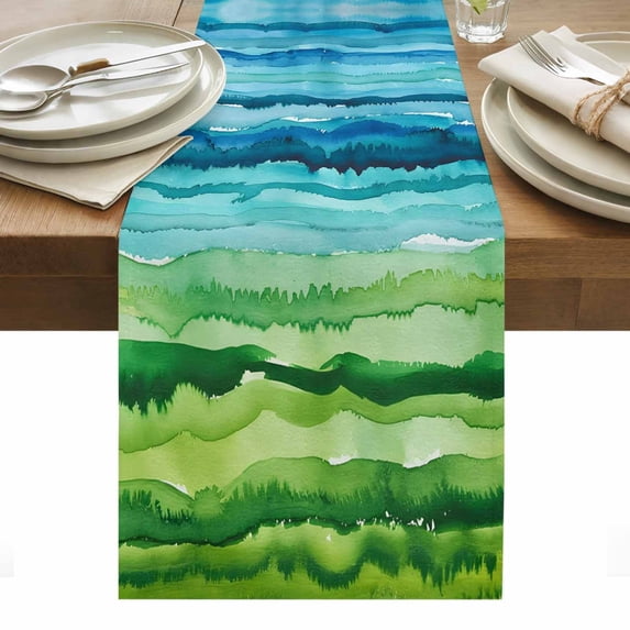 Blue Green Table Runner - 70 Inch Long, Kitchen Dining Table Runner Dresser Scarves, Gradient Watercolor Modern Abstract Art Farmhouse Decor for Coffee Tables Wedding Party Banquet