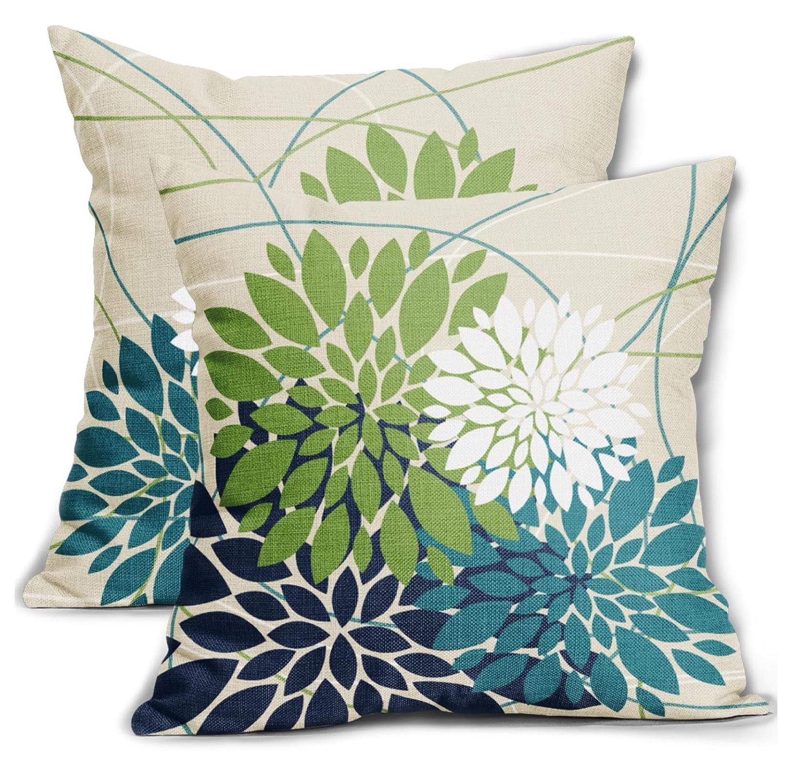 Blue Green Teal Pillow Covers 20x20 White Dahlia Flower Colored