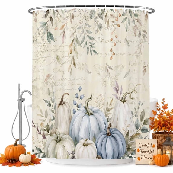 Blue Green Thanksgiving Shower Curtain, Waterproof Shower Curtains for Bathroom, Fall Botanical Pumpkin Vintage Washable Fabric Bathtub Curtain Set Bath Decor with 12 Hooks 48"x72"