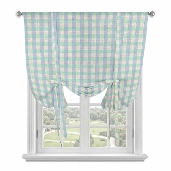 Blue Green Tie Up Curtains for Windows, Adjustable Rod Pocket Valance Shade, Grid Checkered Plaid Gingham Lattice Trellis Light Filtering Window Treatment for Kitchen Bedroom Living Room 42"x 45"