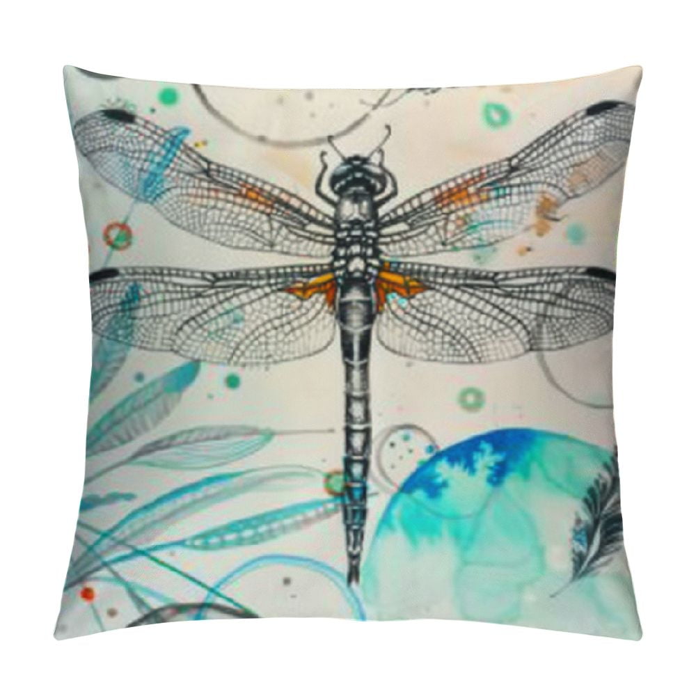 Blue Green Tie Dye Throw Pillow Covers ,Black Dragonfly Pattern Pillow