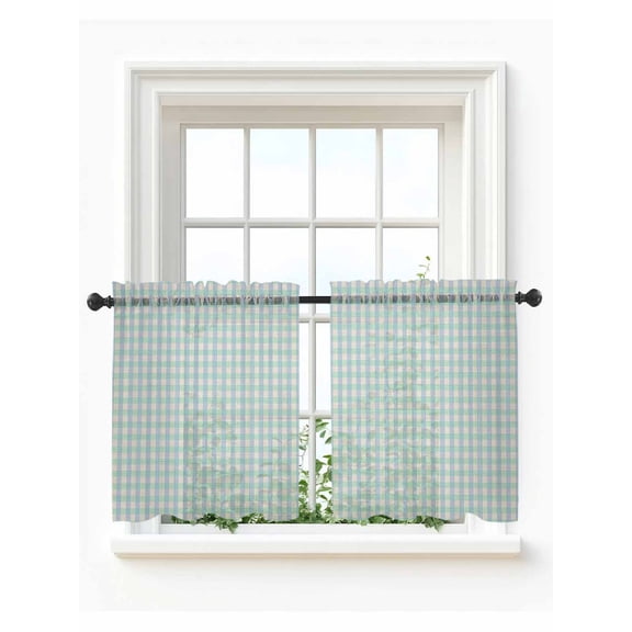 Blue Green Tier Curtains 24 Inch Length,Sheer Curtains for Bedroom Living Room Window Grid Checkered Plaid Gingham Lattice Trellis Voile Drapes Kitchen Curtains Small Half Window 27.5"x24" 2 Panels