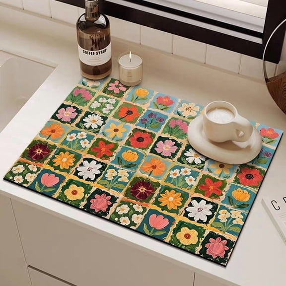 Blue Green Tile Oil Painting Heat Resistant Kitchen Mat 30x40cm - Decorative Trivet for Countertop and Table Protection