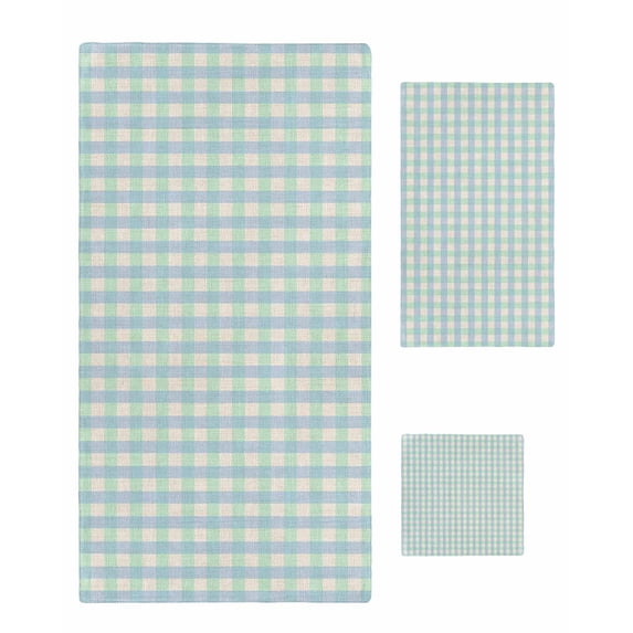 Blue Green Towel Set of 3, Soft Microfiber Bath Towels, Hand Towel, Washcloths, Grid Checkered Plaid Gingham Lattice Trellis Quick-Dry Absorbent Towels for Bathroom Kitchen Hotel Beach Gym Spa