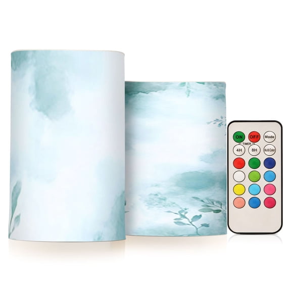 Blue Green Tree Branches Flickering Flameless Candles Battery Operated with Remote Timer LED Pillar Candles Set of 2