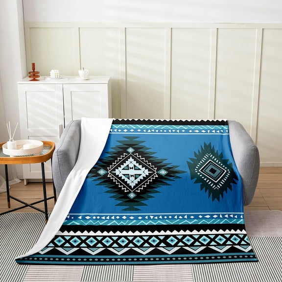 Blue Green Tribal Geometric Throw Blanket for Southwestern Decor