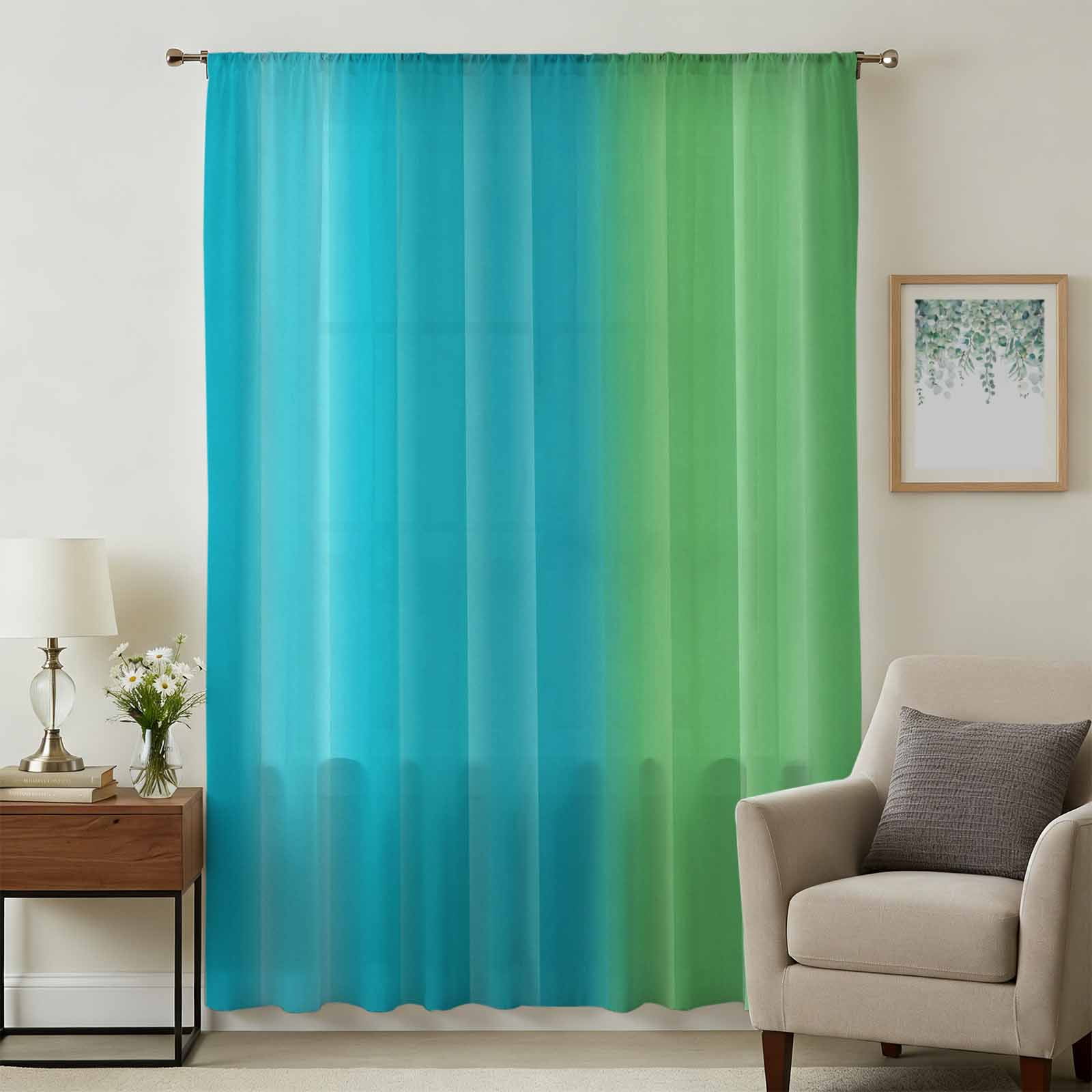 Blue Green Vertical Stripes Sheer Curtains 45 Inches Long for Bedroom
