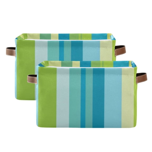 Blue Green Vertical Stripes Square Storage Bins with Handles Collapsible Containing Box 2 Packs