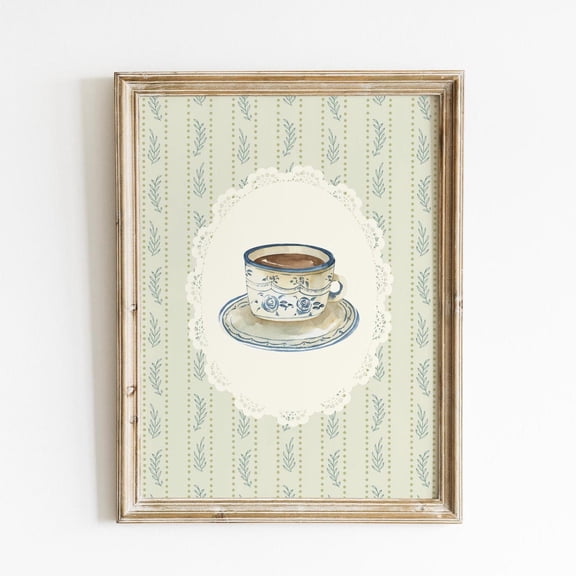 Blue Green Vintage Coffee Cup Art Print Cottagecore Tea French Farmhouse Kitchen Rustic, Unframed Paper Poster 8x10in