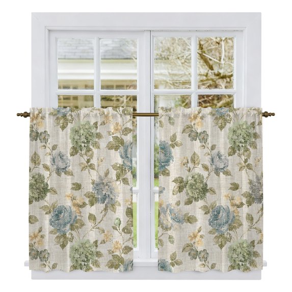 Blue Green Vintage Floral Kitchen Curtains 54 Inch Length, Hydrangea Botanical Elegant Tiers Curtains for Bathroom Bedroom Cafe, Light Filtering Small Window Treatment Short Drapes 2 Panels 42"Wx54"L