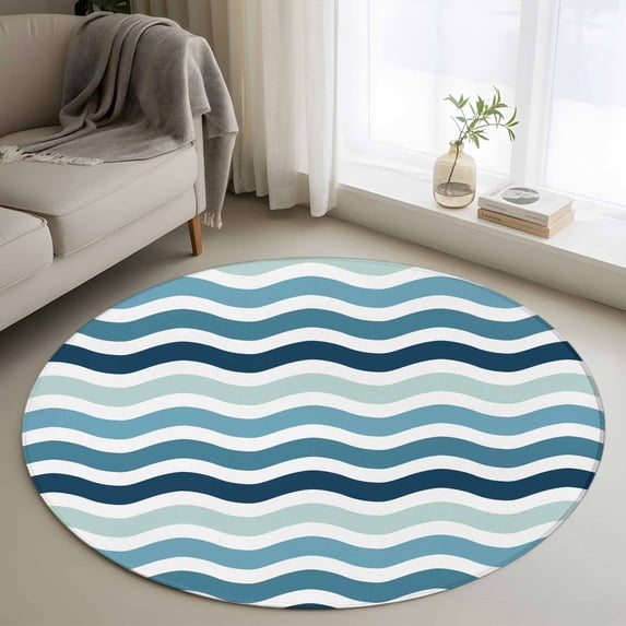 Blue Green Water Ripple Round Living Room Rugs 4 ft, Stripes Washable Area Rug with Non-Slip Sturdy Edge Binding Round Carpet for Entryway Kitchen Bedroom Bathroom