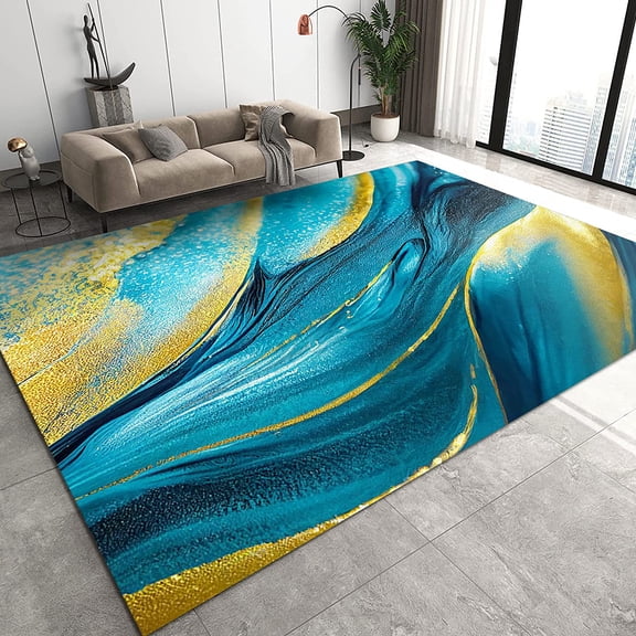 Blue Green Water Surface Sparkling Area Rugs, Golden Graffiti Apartment Carpet, Distressed Carpet Pattern Clear Comfortable Feet Apply to Bath Mat Balcony,2x3ft