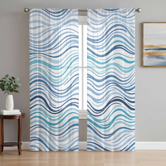 Blue Green Wave Line Sheer Curtains for Living Room Bedroom, Abstract ...