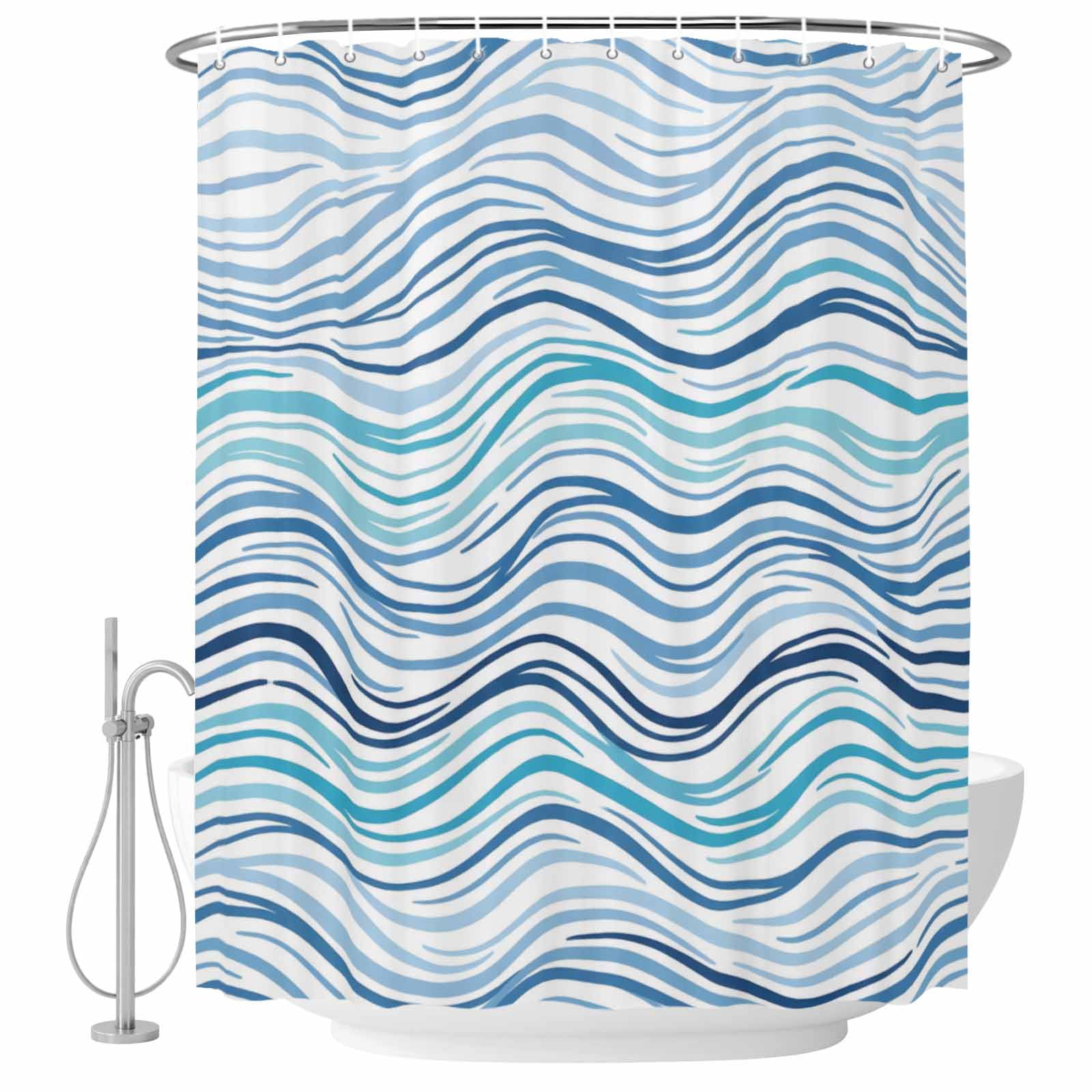 Blue Green Wave Line Shower Curtain for Bathroom, Abstract Navy Line ...