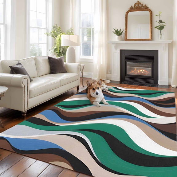 Blue Green White Stripes Large Area Rugs 8x10 ft Abstract Geometric Aesthetic Striped Washable Rug Non Slip Indoor Carpet Absorbent Floor Mat for Living Room Bedroom Dining Room