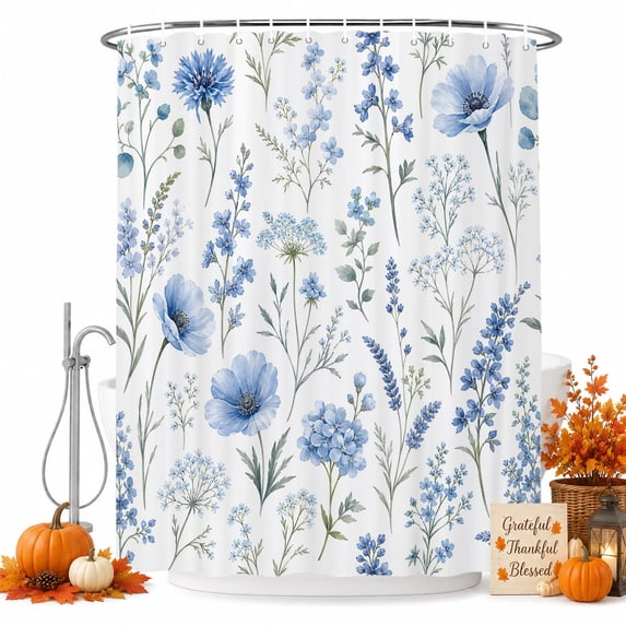 Blue Green Wildflower Shower Curtain, Waterproof Shower Curtains for Bathroom, Spring Summer Country Botanical Floral Washable Fabric Bathtub Curtain Set Bath Decor with 12 Hooks Extra Long 72"x96"