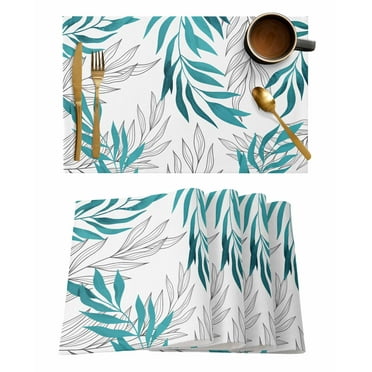 Blue Green Willow Leaf Placemats for Dining Table Set of 4, Washable Placemats Cotton Linen Place Mats for Kitchen/Dining, Farmhouse Table Mats Spring Leaves Abstract Geometric