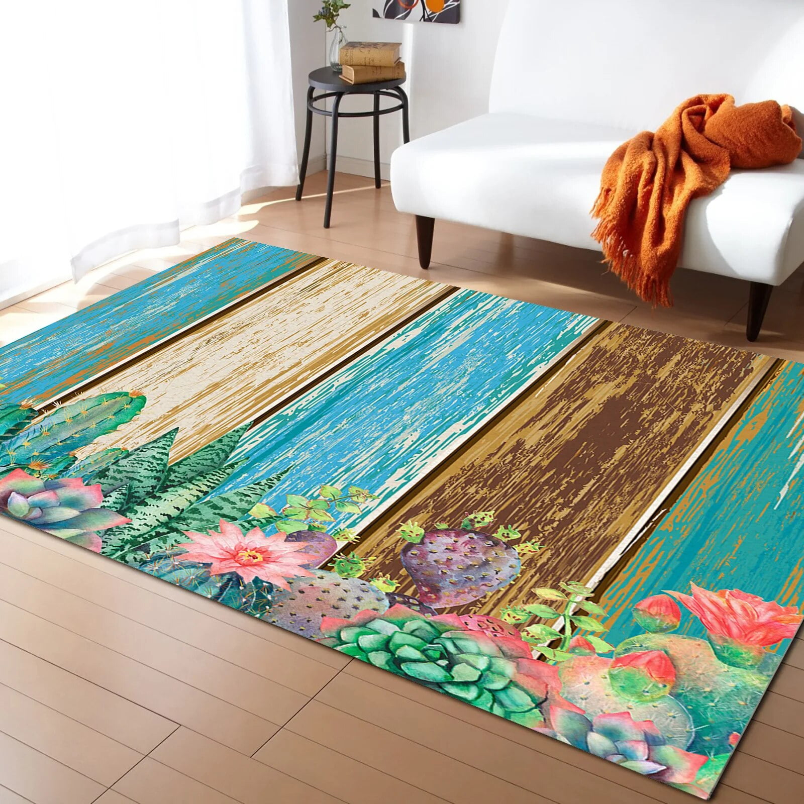 Blue Green Wood Grain Cactus Living Room Carpet Coffee Table Floor Mat