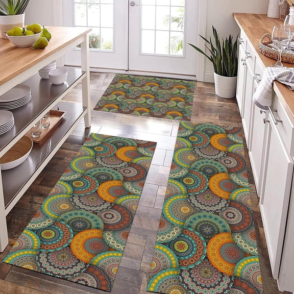 Blue Green Yellow Red Boho Kitchen Rugs Sets 3 Piece with Runner Soft Kitchen Floor Mat Farmhouse Kitchen Carpets and Rugs Non Slip Washable for Bathroom Entryway Indoor Front Door Laundry