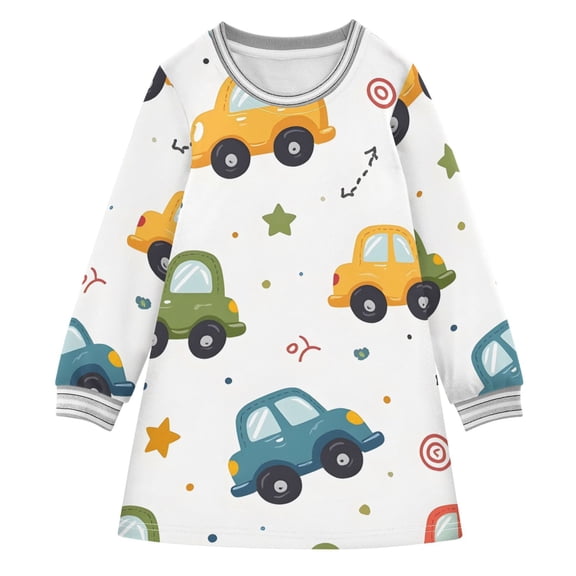 Blue Green Yellow Red Cars Stars Long-sleeved Dress A-line One-Piece Dress for 2-8 Years Casual Party 4T