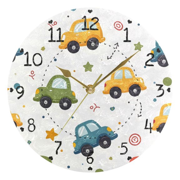 Blue Green Yellow Red Cars Stars Round Wall Clock Silent Analog Battery Operated Gold Pointer Home Decor 9.84" Diameter