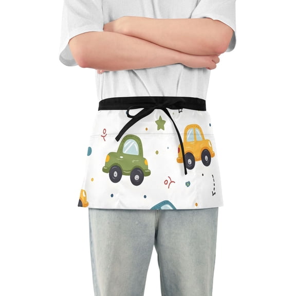 Blue Green Yellow Red Cars Stars Short Server Apron with 3 Pockets for Unisex Chef Gardening