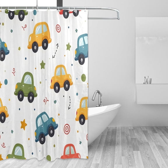 Blue Green Yellow Red Cars Stars Shower Curtains with 12 Hooks Waterproof Bathroom Decor 66" x 72"