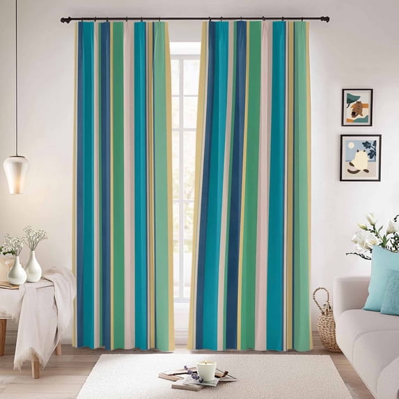Blue Green Yellow Striped Blackout Curtains for Bedroom/Living Room, Pinch Pleated Black Out Curtains, Modern Stripes Art Farmhouse Room Darkening Window Drapes with Hooks 2 Panels, 59"x70"