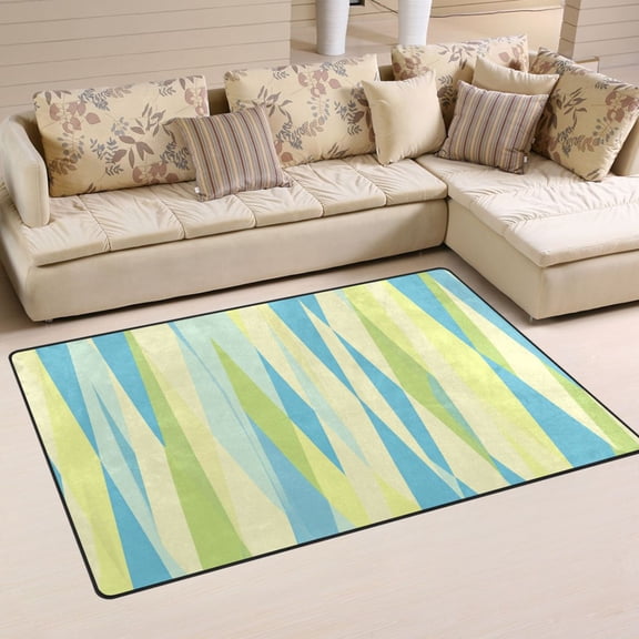 Blue Green Yellow Stripes Soft Polyester Area Rug 60''x39'', Non Slip, Memory Foam, Water Absorbent
