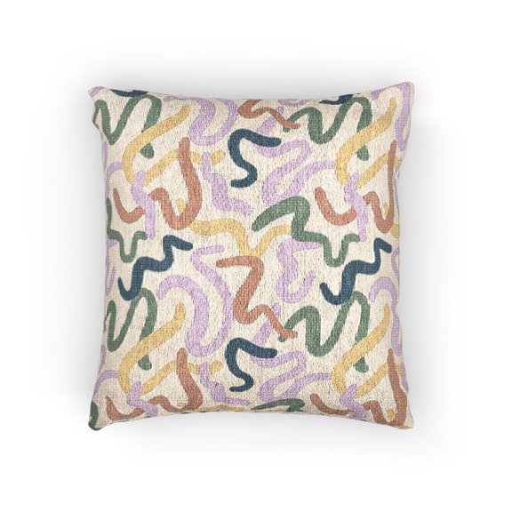 Blue, Green, Yellow and Purple Wavy Squiggle Decorative Woven Pillow, Cotton-Polyester Shell
