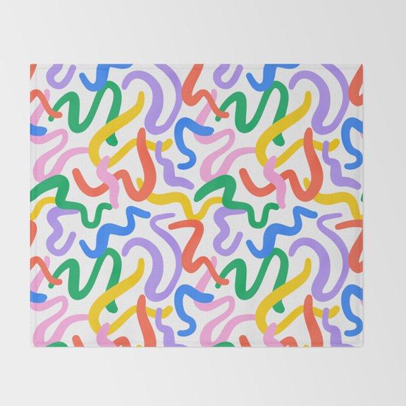 Blue Green Yellow and Purple Wavy Squiggle Fleece Blanket, 280 GSM Polyester Fabric for Couch or Bed