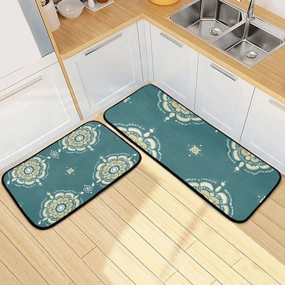 Blue Green with Round Flower Kitchen Mat Set of 2 Cushioned Non Slip Rugs for Bedroom Floor Runner Mats