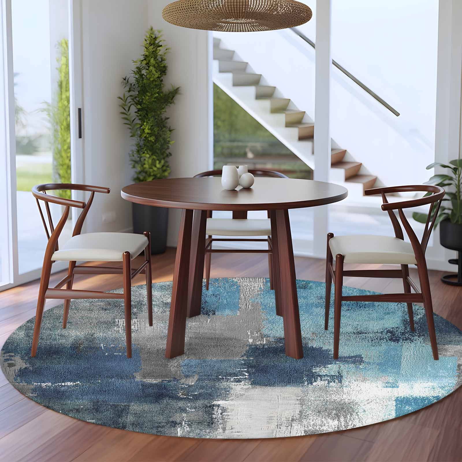 Blue Grey 5ft Round Rug for Dining Table for 4 People Under Table ...