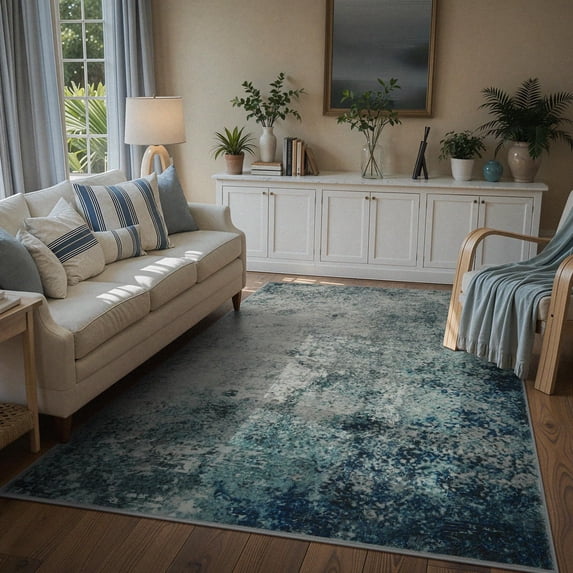 Blue/Grey 8' x 10' Modern Abstract Indoor Area Rug for Living Room ...