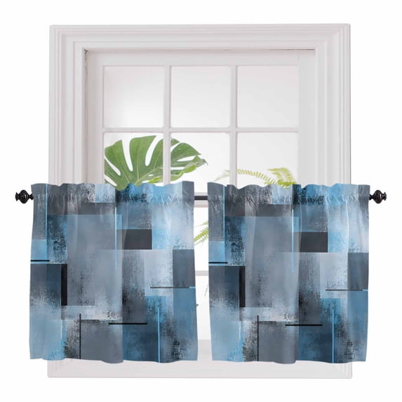 Blue Grey Abstract 2 Panel Kitchen Curtains for Small Windows, Modern Gradient Retro Mottled Oil Painting Bathroom Tier Curtain, Short Window Treatment for Bedroom/Living Room 55"x24"